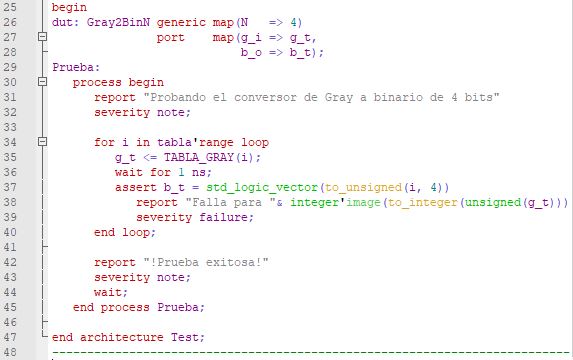Última parte del código del testbench del conversor genérico de Gray a binario natural.