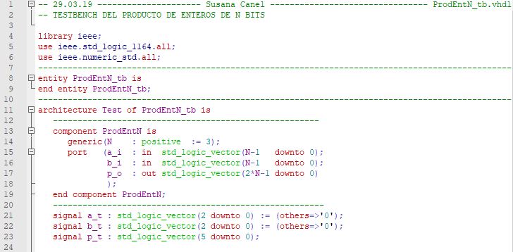Primera parte del código del testbench para el multiplicador genérico de enteros.