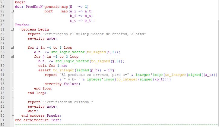 Última parte del código del testbench para el multiplicador genérico de enteros.