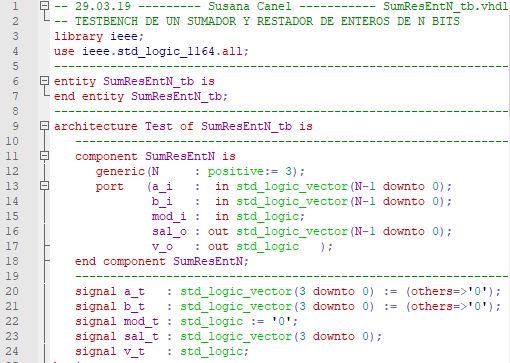 Primera parte del código del testbench para el sumador/restador genérico de enteros.