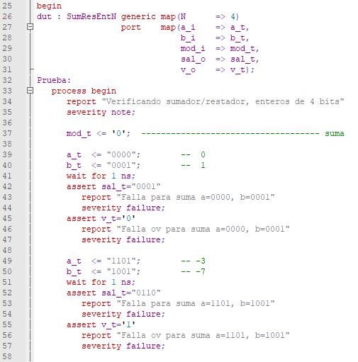 Segunda parte del código del testbench para el sumador/restador genérico de enteros.