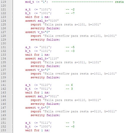 Quinta parte del código del testbench para el sumador/restador genérico de enteros.