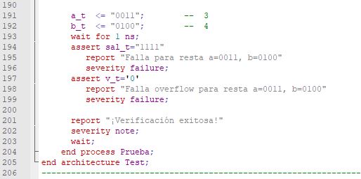 Última parte del código del testbench para el sumador/restador genérico de enteros.