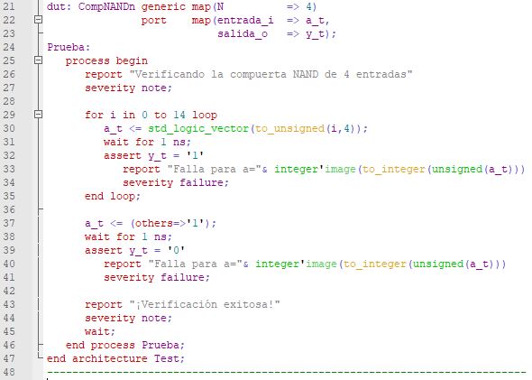 Última parte del código del testbench de la compuerta NAND genérica.