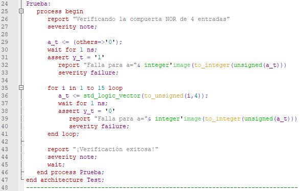 Segunda parte del código del testbench para la compuerta NOR genérica.