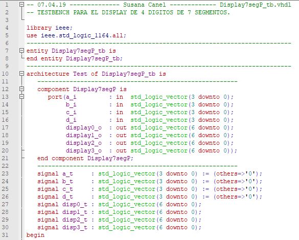 Primera parte del código del testbench para el display de 4 dígitos de 7 segmentos.