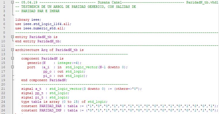 Primera parte del código del testbench para el árbol de paridad.