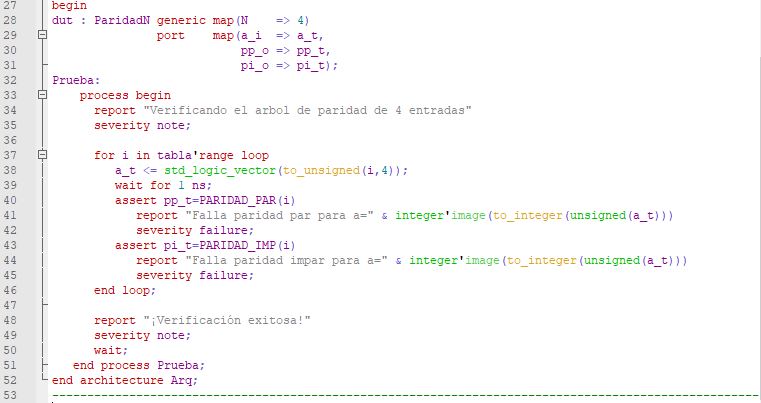 Última parte del código del testbench para el árbol de paridad.